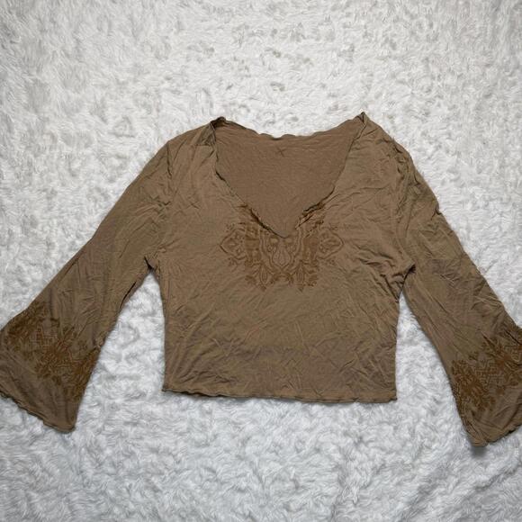 Tops - Y2K Viscose Fairycore Brown Graphic Bell Sleeve Top